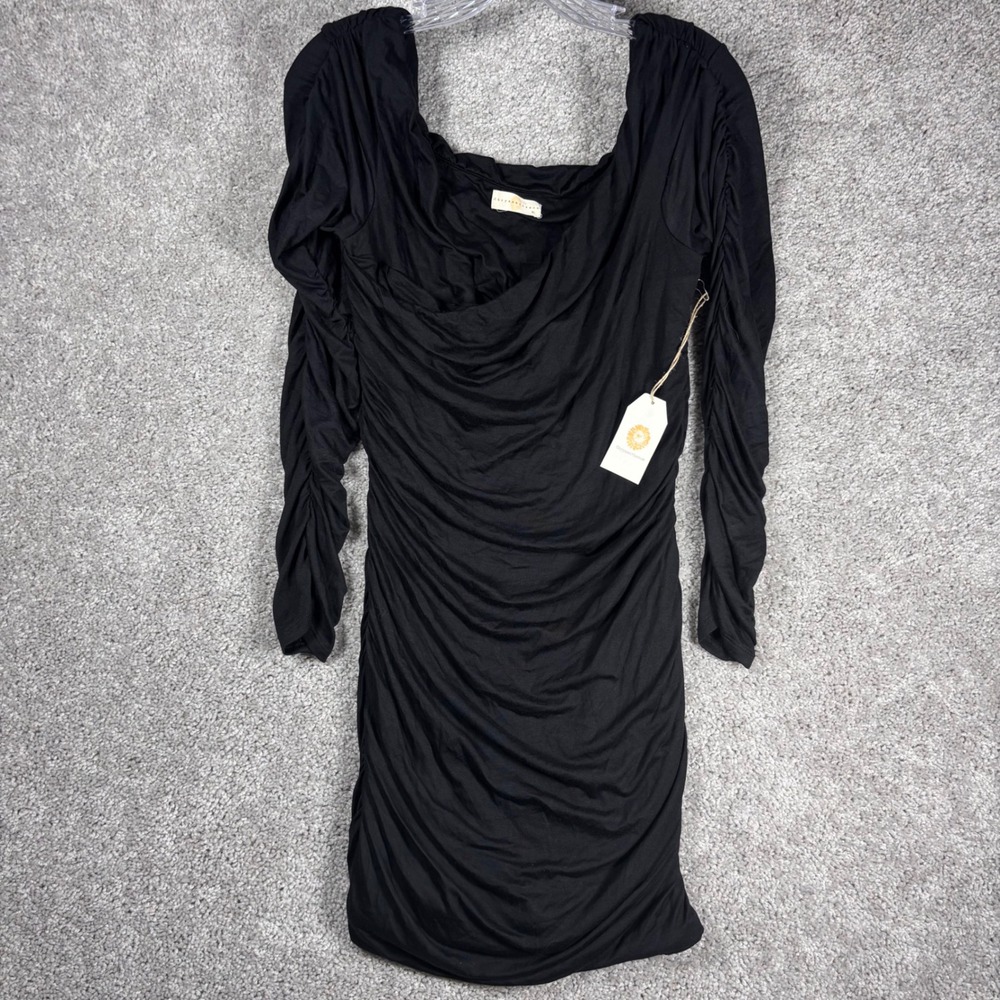 Chrysanthemum Black Ruched Long Sleeve Square Neck‎ Bodycon Dress XL